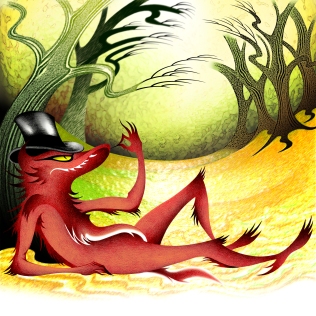 Colored pencil illustration for 'Red Riding Hood and the Wolf'